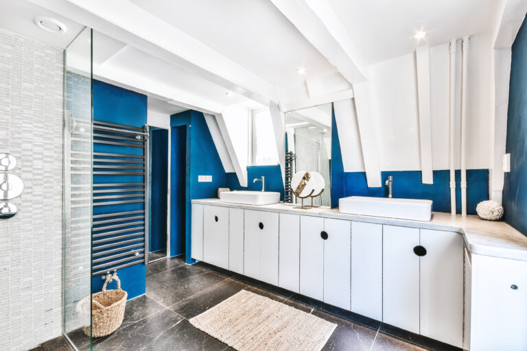 Luxury interior design of a bathroom with marble walls