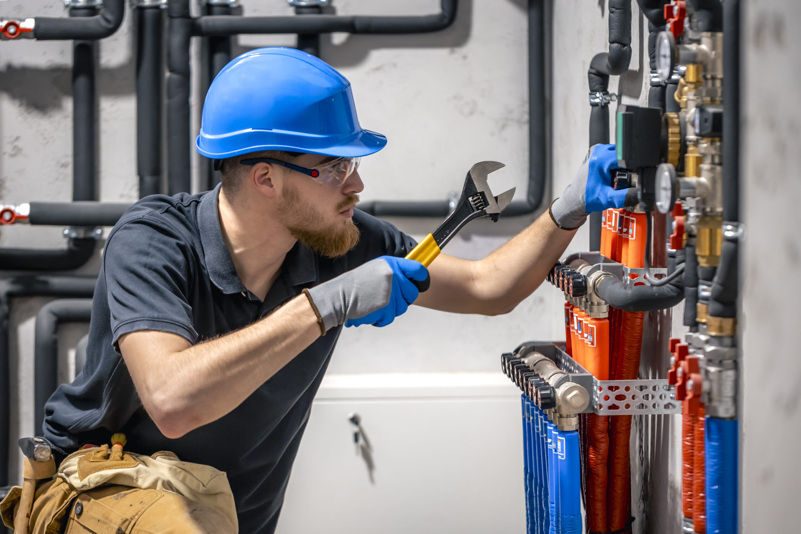 The technician checking the heating system in the boiler room. Adjusting heating valves in a residential building. A plumbing and heating technician works.